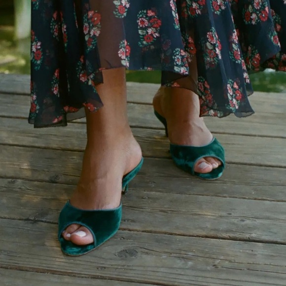 Doen Callie Velvet Peep Toe Mule Kitten Heels Shoes Evergreen Green - Picture 2 of 12